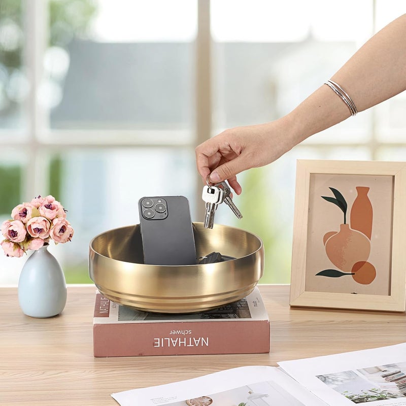 GUSHBIN 9.1 Inches Stainless Steel Bowl Decorative Key Bowl Golden Serving Bowl for Snack Fruit Dish Round Key Dish for Entryway Table Coffee Table Kitchen Counter - Image 5